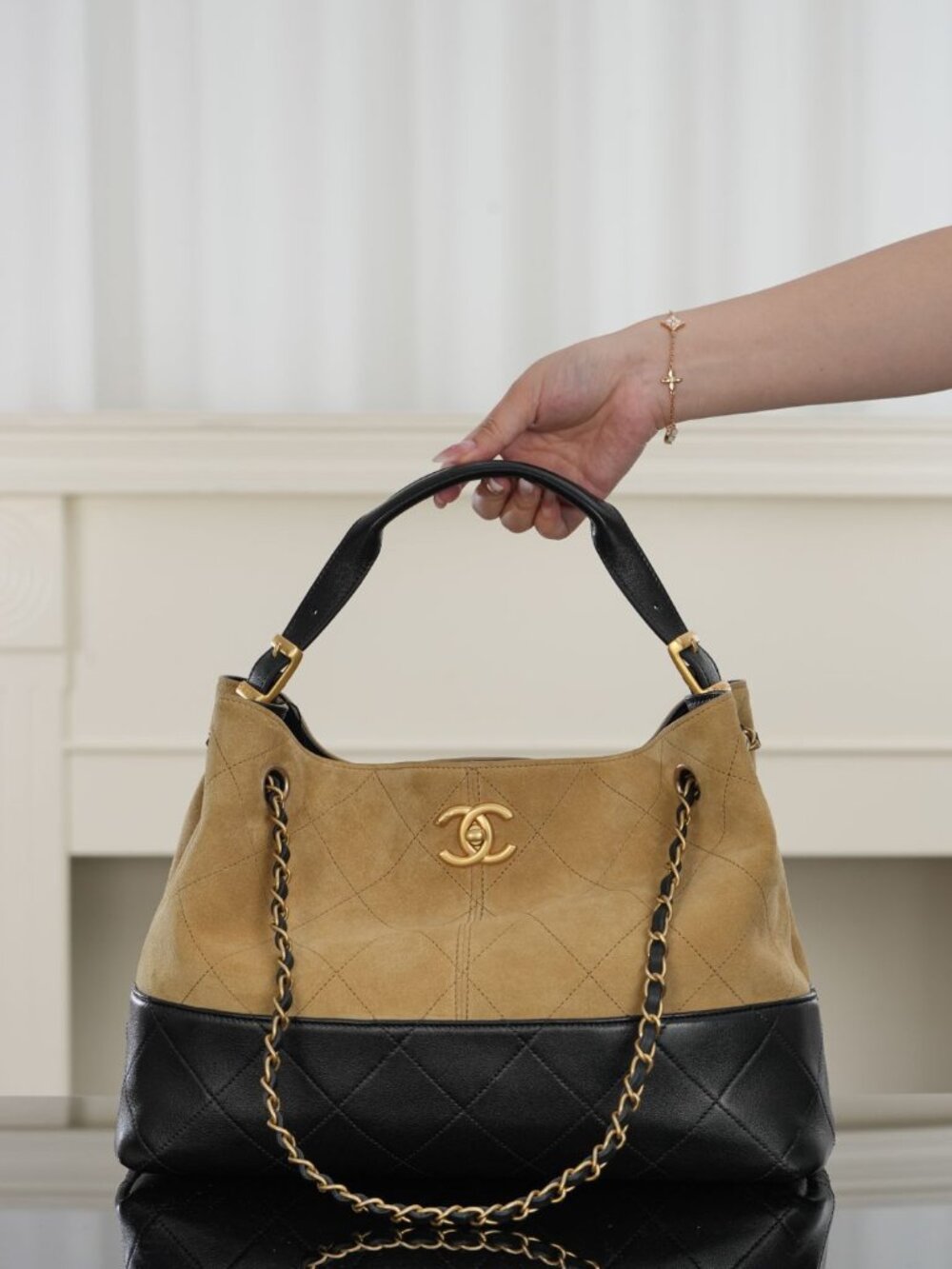 Chanel 25a suede khaki color-block hobo tote small bag